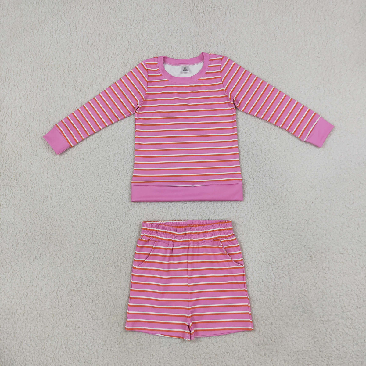 GLS0126 Yoga Pink Striped Long Sleeve Shorts Girls Set