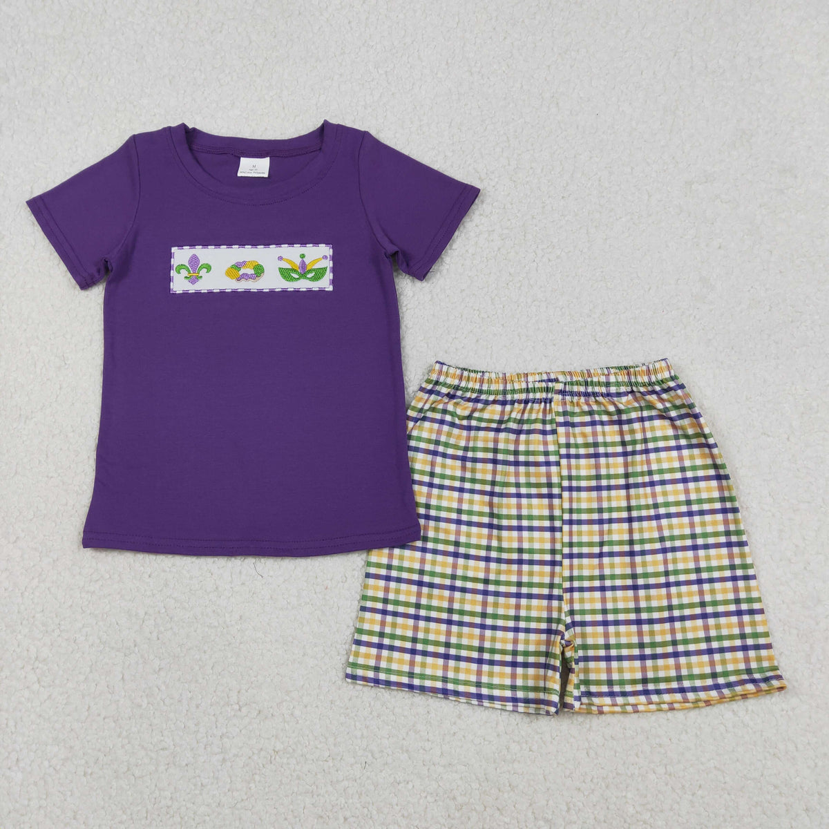 Embroidery BSSO1603 Mardi Gras pruple short sleeve checkered shorts boys set