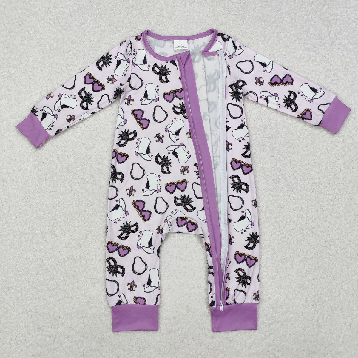 LR2038 Mardi Gras glasses purple zipper long sleeve girls romper