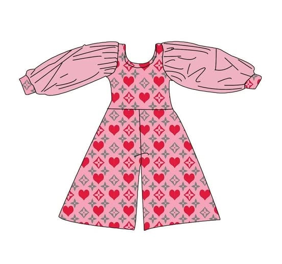 custom Valentine Heart Pink Lace Long Sleeve Girls Jumpsuits