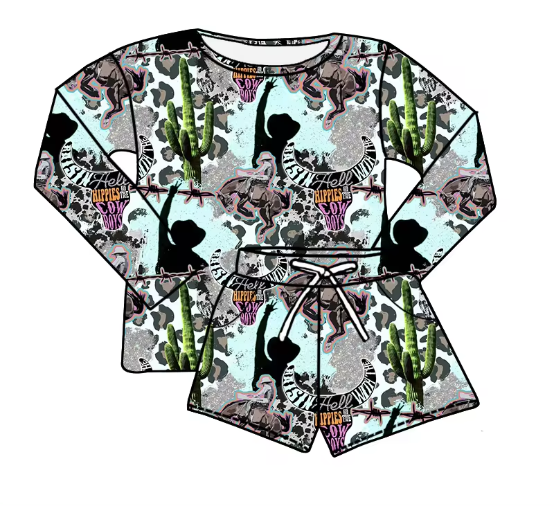 custom style cowboys rodeo cactus long sleeve shorts kids set