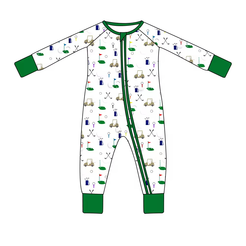 custom cute golf car green long sleeve girls zipper romper