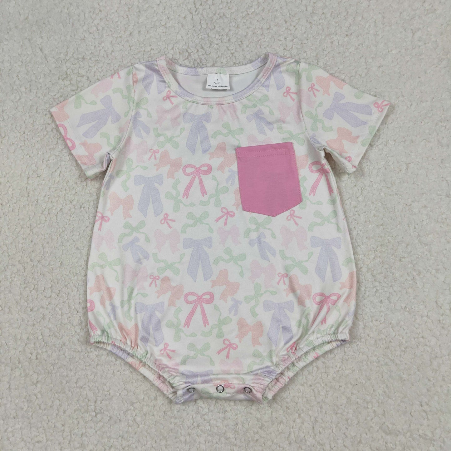 SR3731 Colorful Bows Pink Pocket Short Sleeve Girls Romper