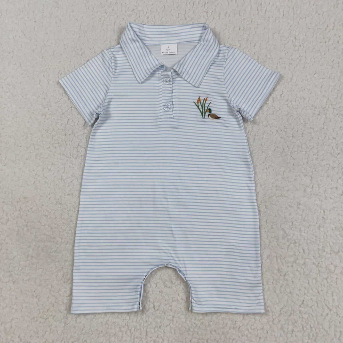 embroidery SR3149 mallard duck blue striped short sleeve boys romper