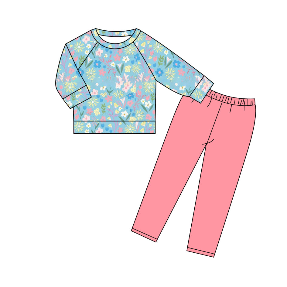 custom moq 8 floral flowers bows blue long sleeve pink pants girls set