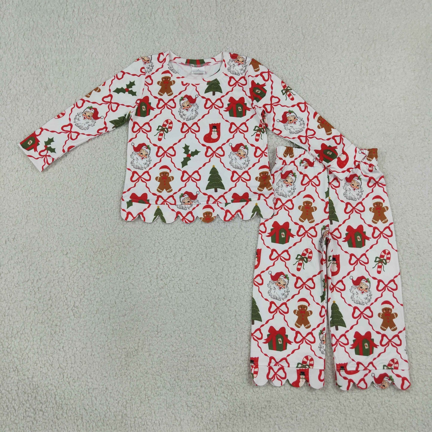 GLP3447 Christmas Santa Tree Bows Long Sleeve Pants Girls Set