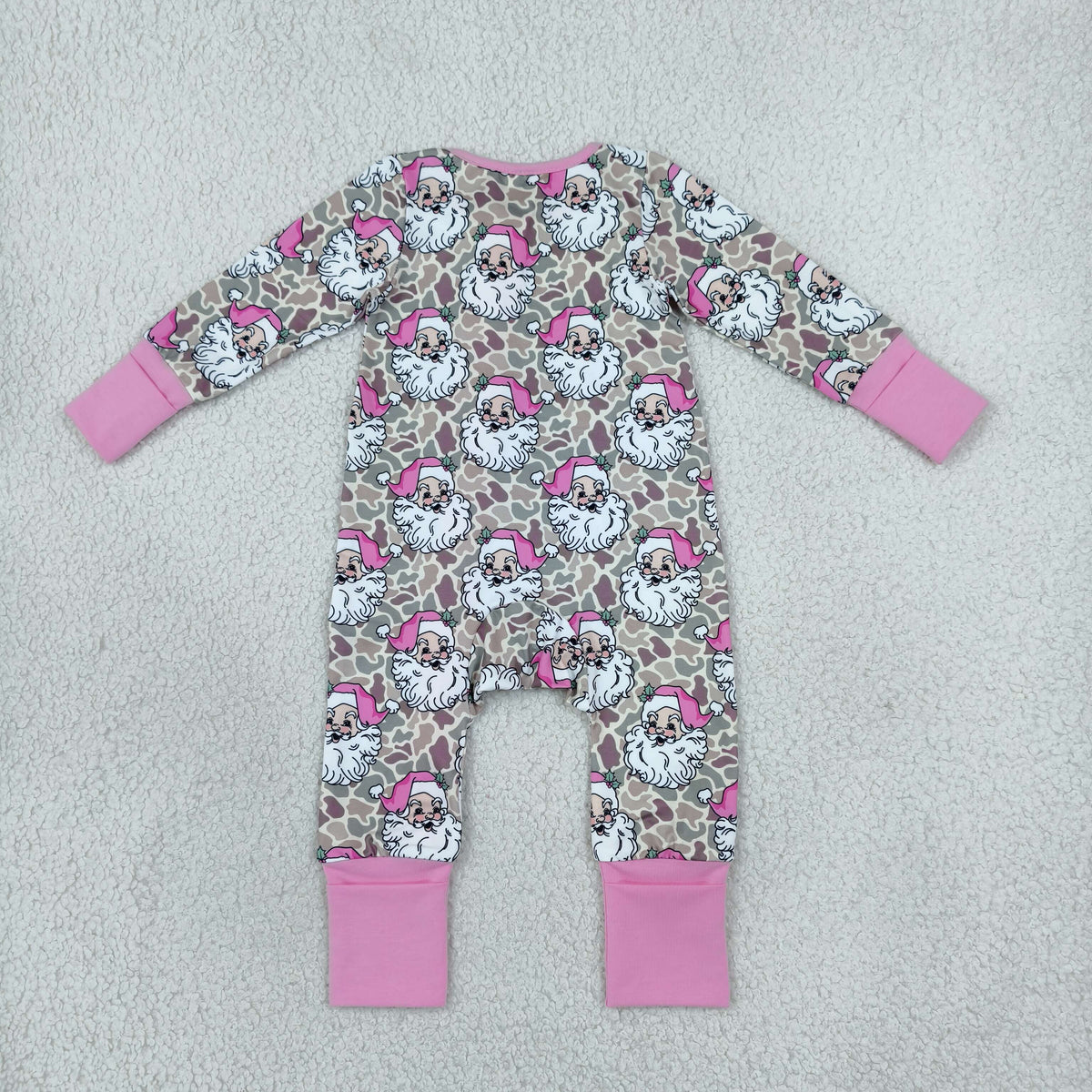 LR3305 Christmas Santa Camo Pink Zipper Long Sleeve Girls Romper