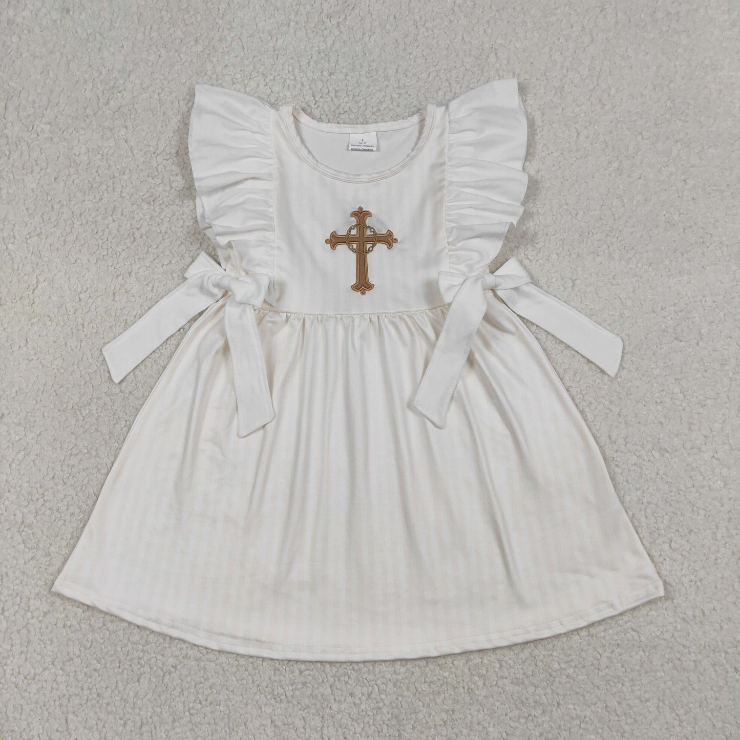 Embroidery GSD2904 Easter Cross White Bows Flutter Sleeve Girls Dress