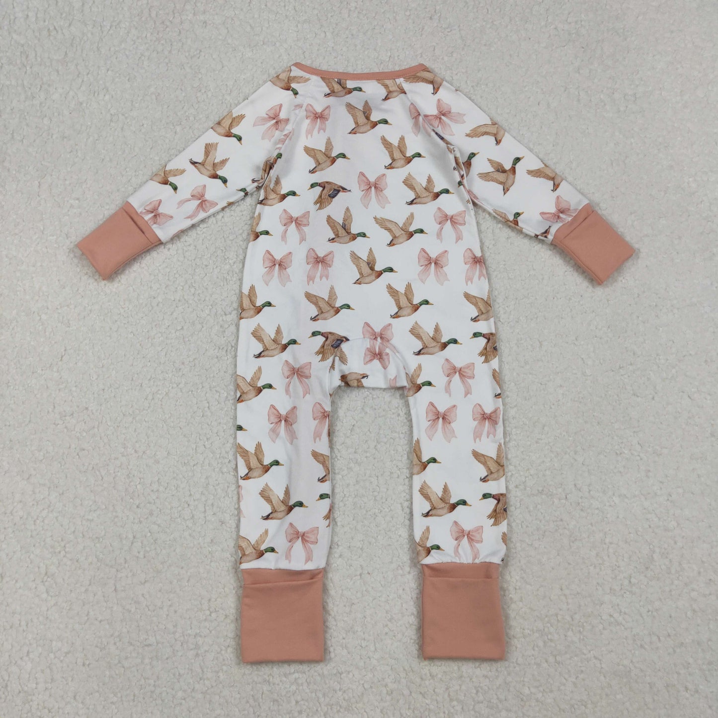 LR2545 hunting mallard duck bows pink zipper long sleeve girls romper