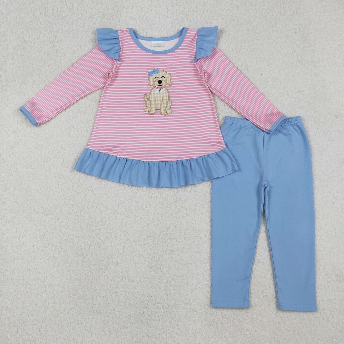 embroidery GLP2725 cute dog pet pink striped long sleeve blue pants girls set