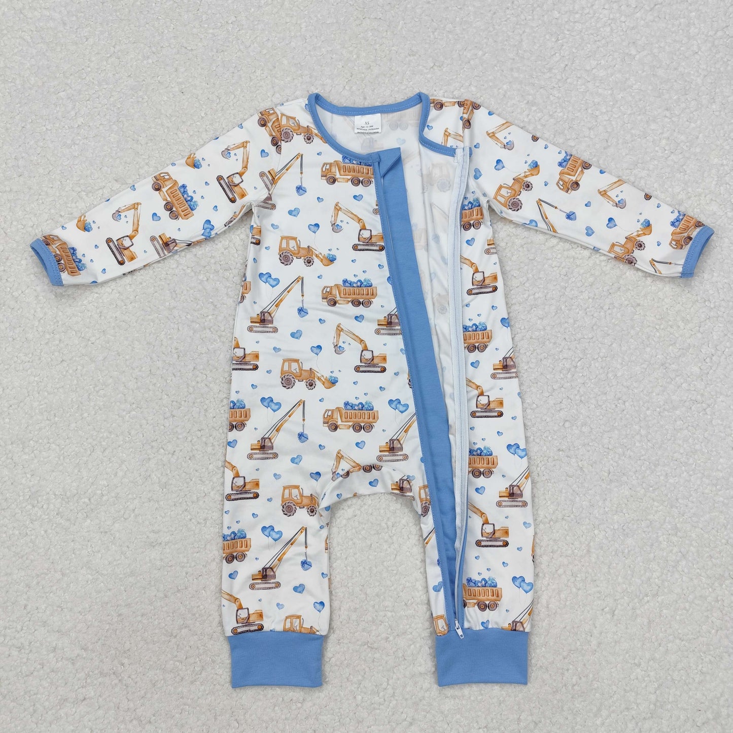 LR2116 Valentine's Day heart construction blue long sleeve zipper boys romper