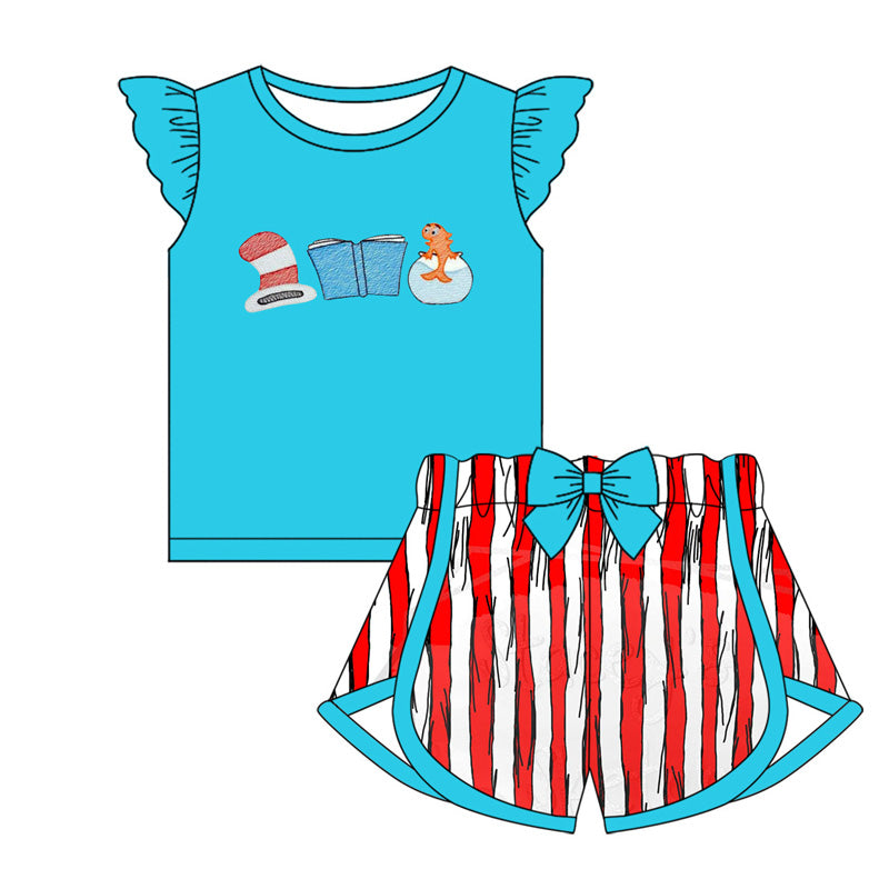 MOQ 3 Custom Cartoon Dr Book Fish Blue Flutter Sleeve Red Striped Bow Shorts Girls Set
