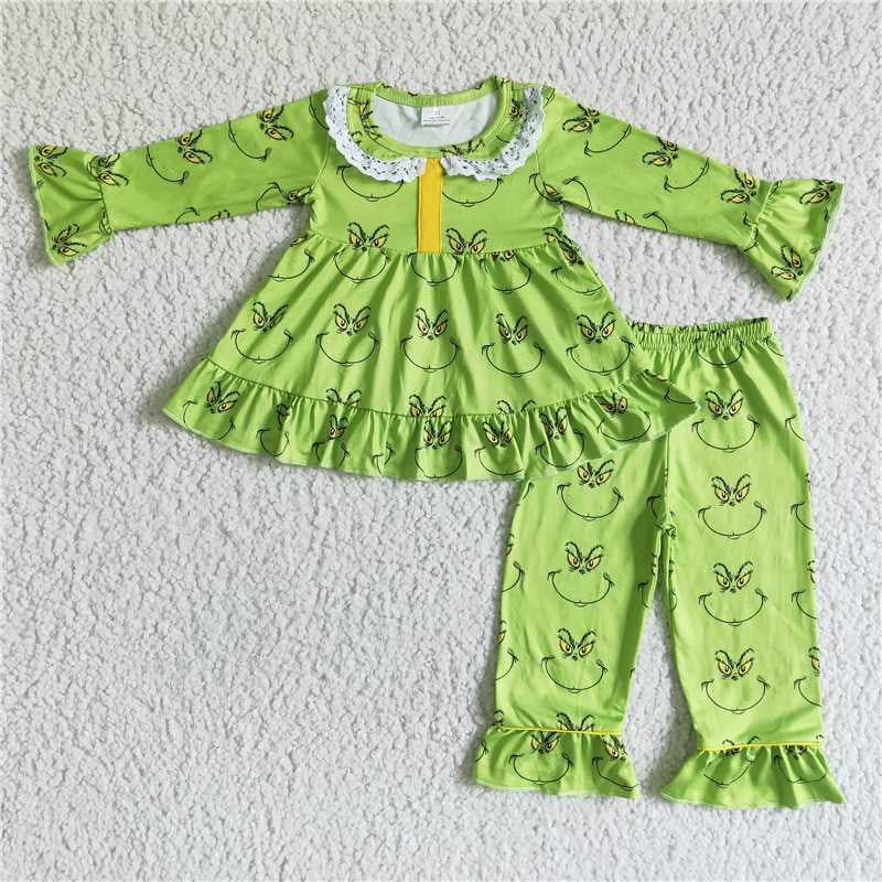 6 A20-15 Christmas Green Face Long Sleeve Pants Girls Ruffles Pajamas