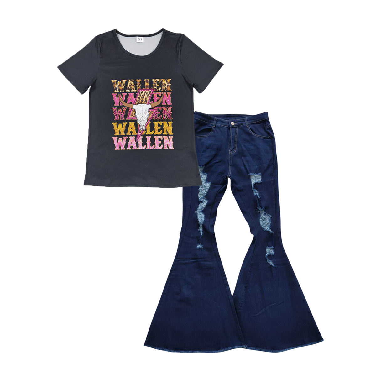 Wallen cow black short sleeve top dark blue ripped denim pants adult set