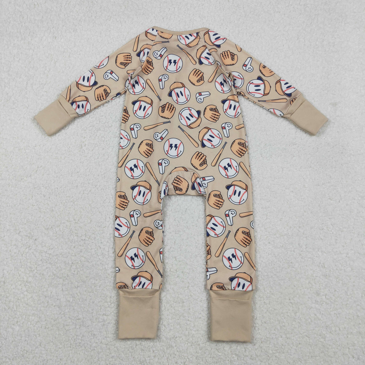 LR2816 baseball smile khaki zipper long sleeve boys romper