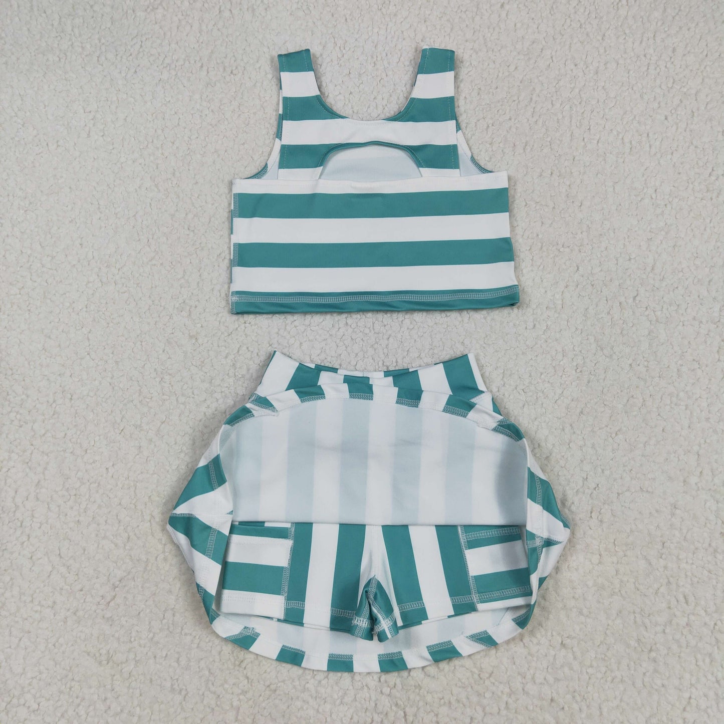 GSD2432 yoga green striped sleeveless skirt with shorts girls set