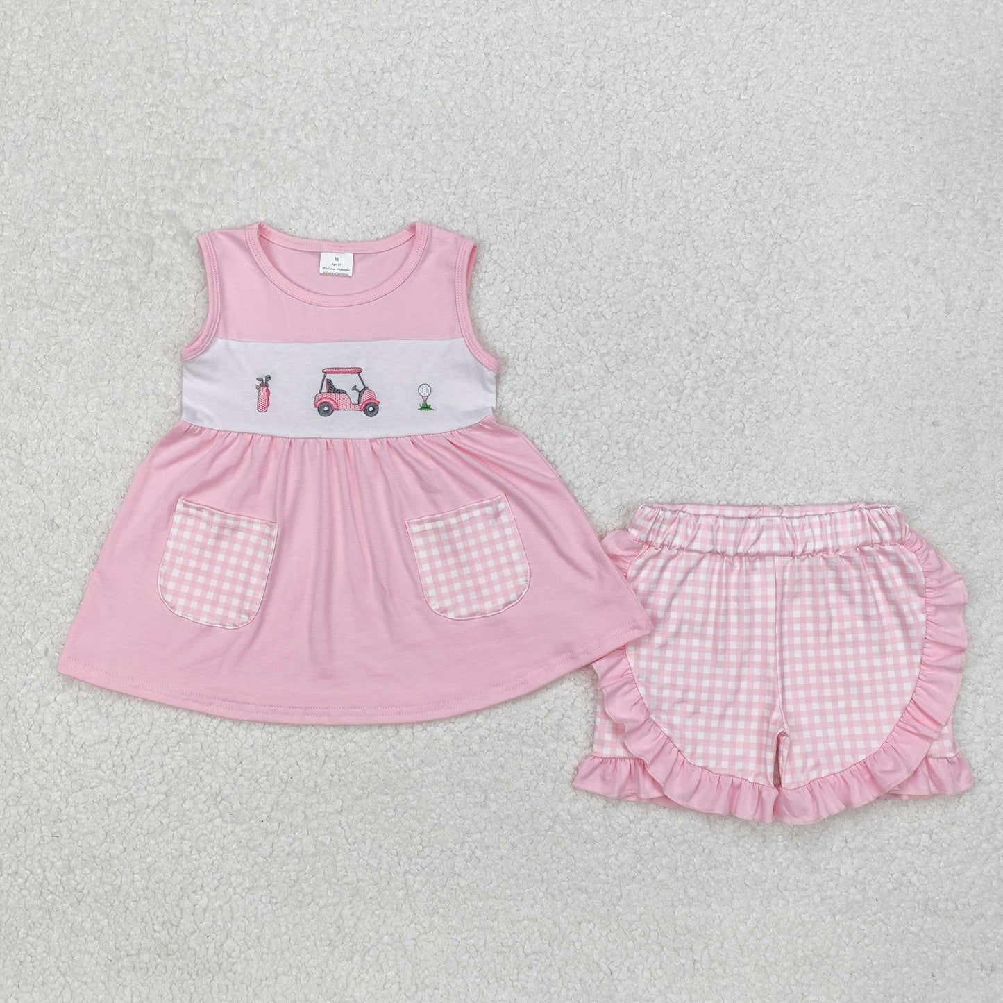 embroidery GSSO1554 cartoon golf car pockets hot pink sleeveless hot pink checkered shorts girls set