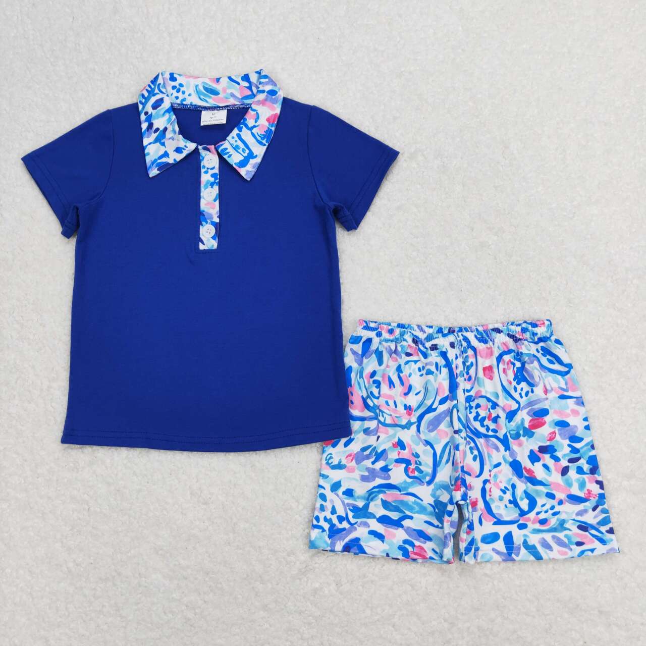 BSSO0673 Navy blue short sleeve colorful flowers print shorts boys set