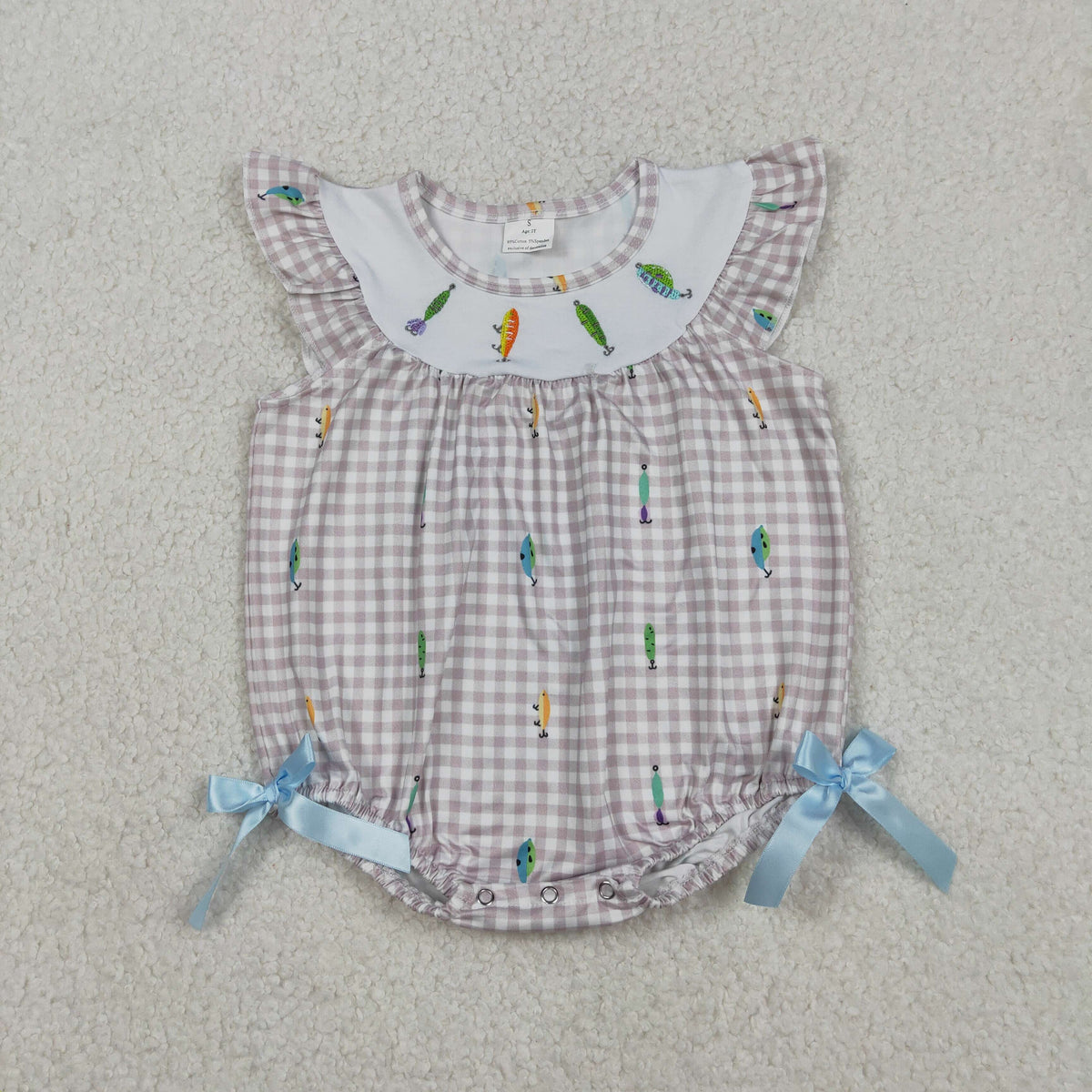 Embroidery SR3395 fishing checkered flutter sleeve girls romper