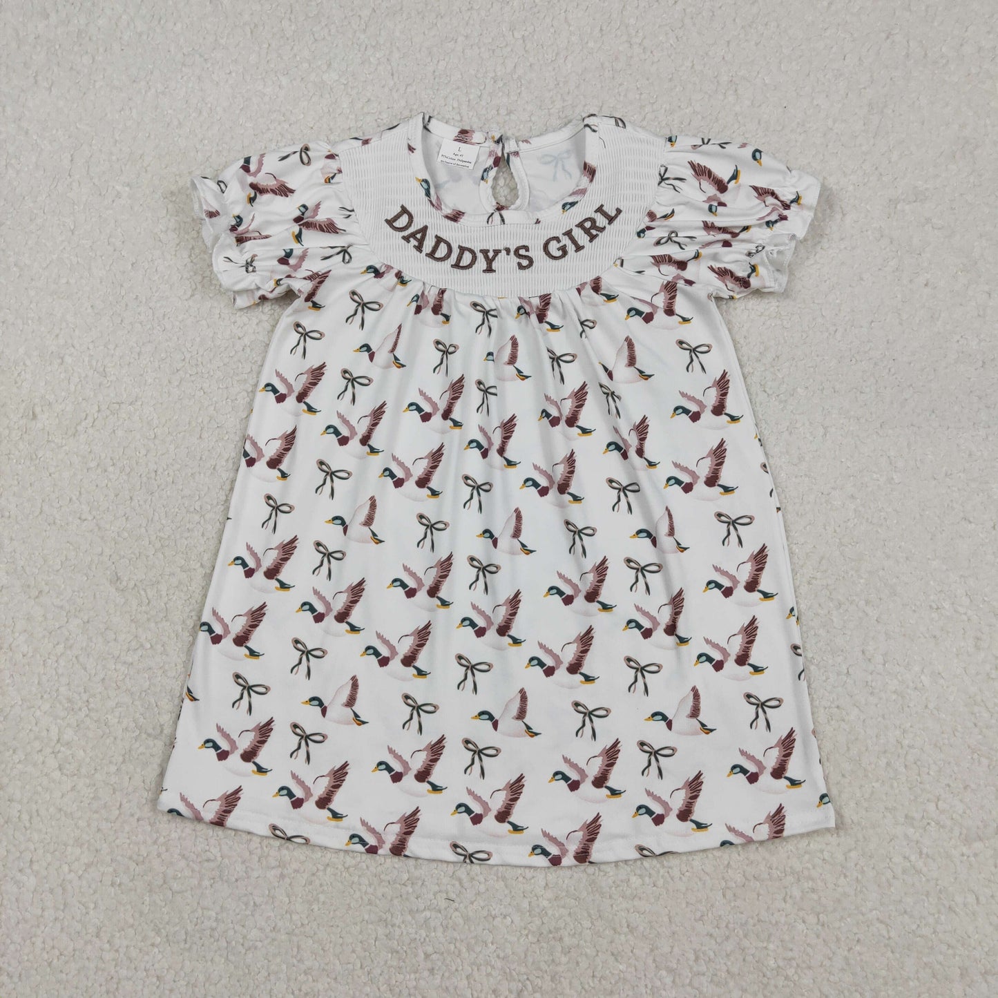 Embroidery Smocked GSD2933 Daddy's Girl Hunting Mallard Duck Bows Short Sleeve Girls Dress