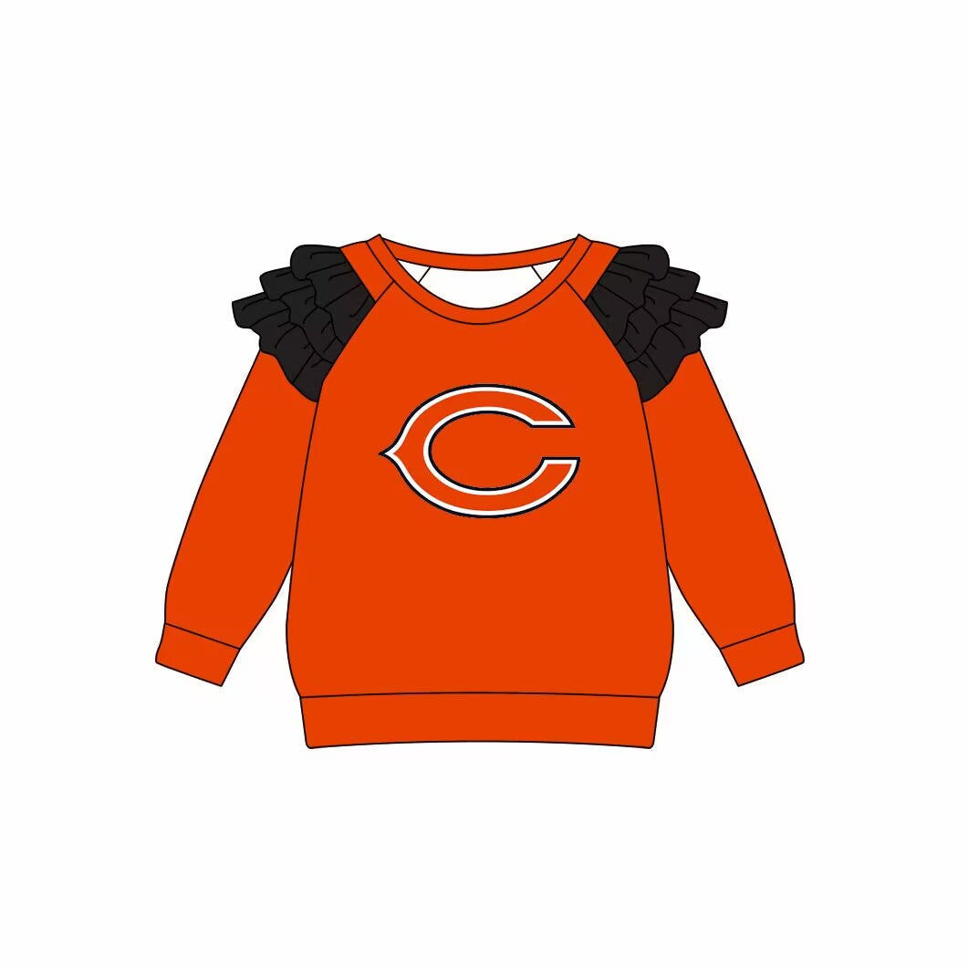 custom moq 3 football team C orange long sleeve girls ruffles top