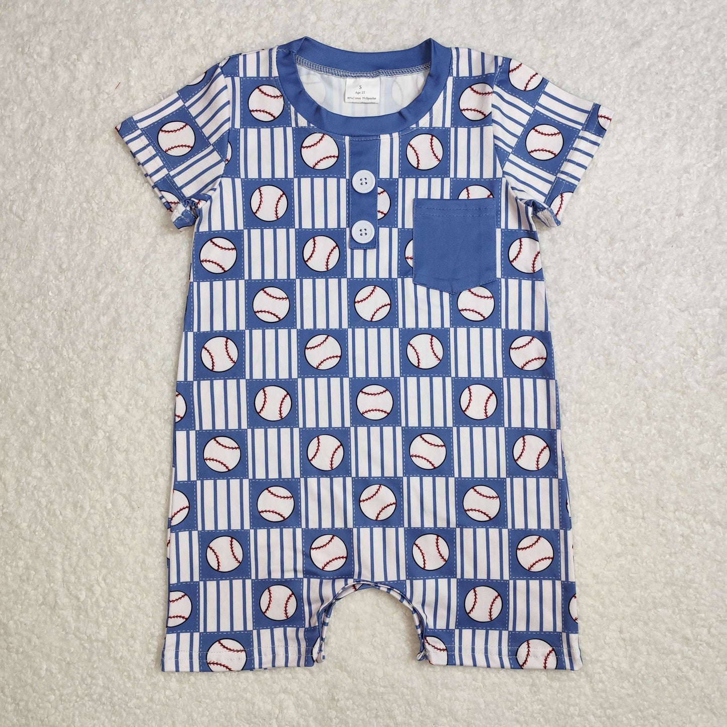 SR2313 baseball blue striped pocket short sleeve boys romper