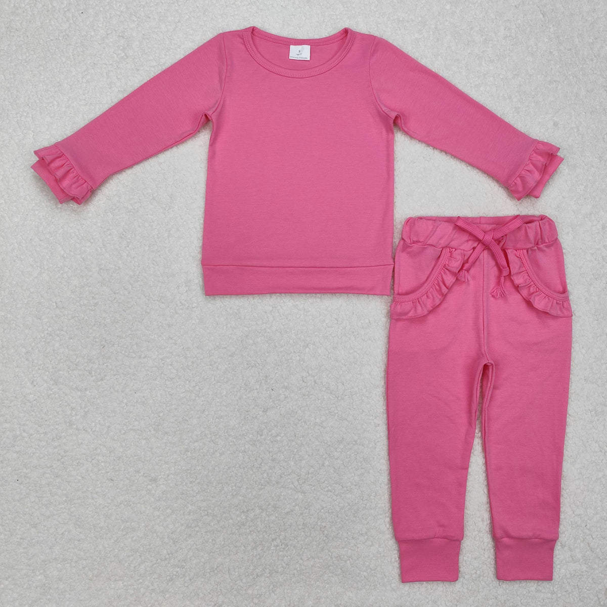 GLP2258 hot pink long sleeve ruffles pockets pants girls set