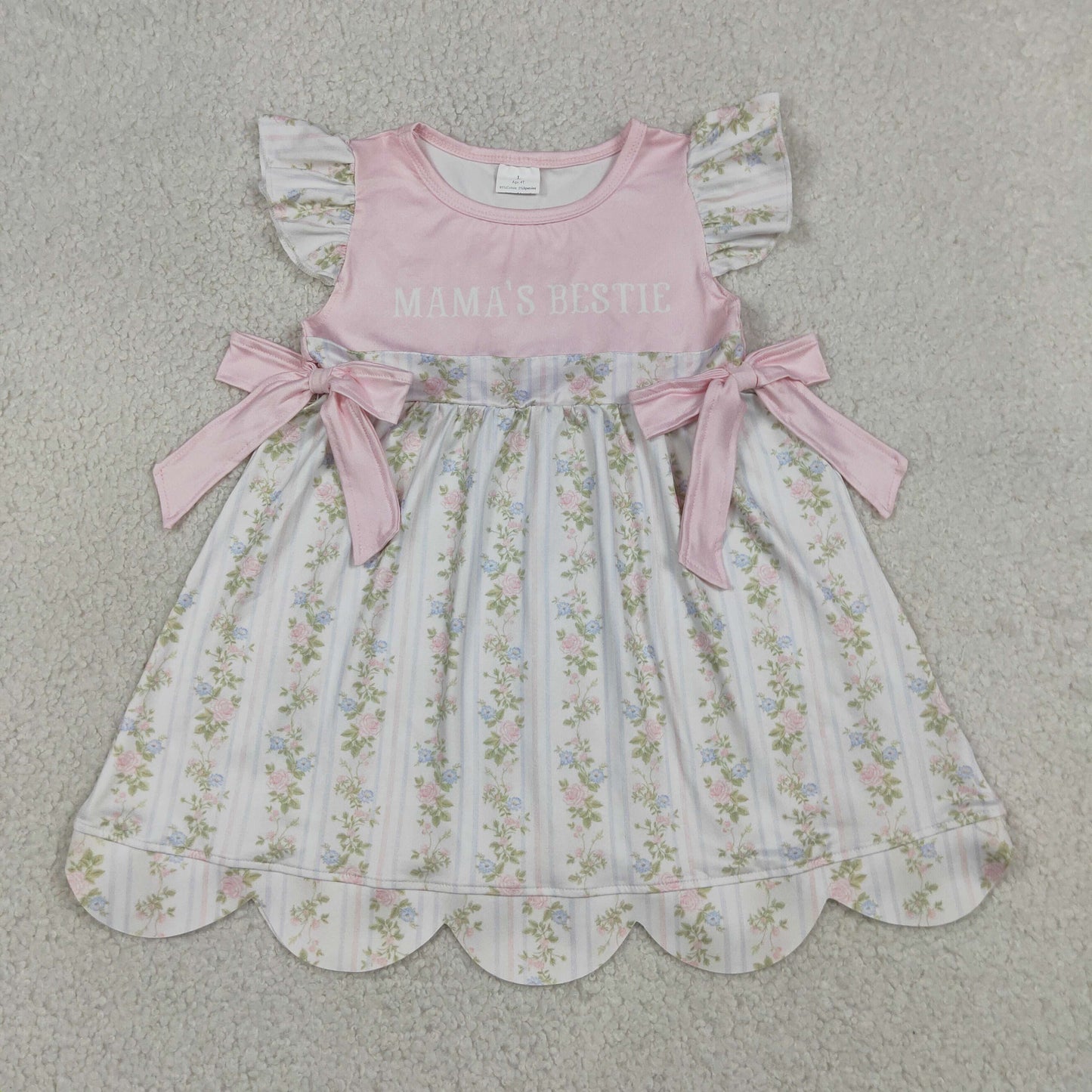 GSD2973 mama's bestie flowers pink bows flutter sleeve girls dress