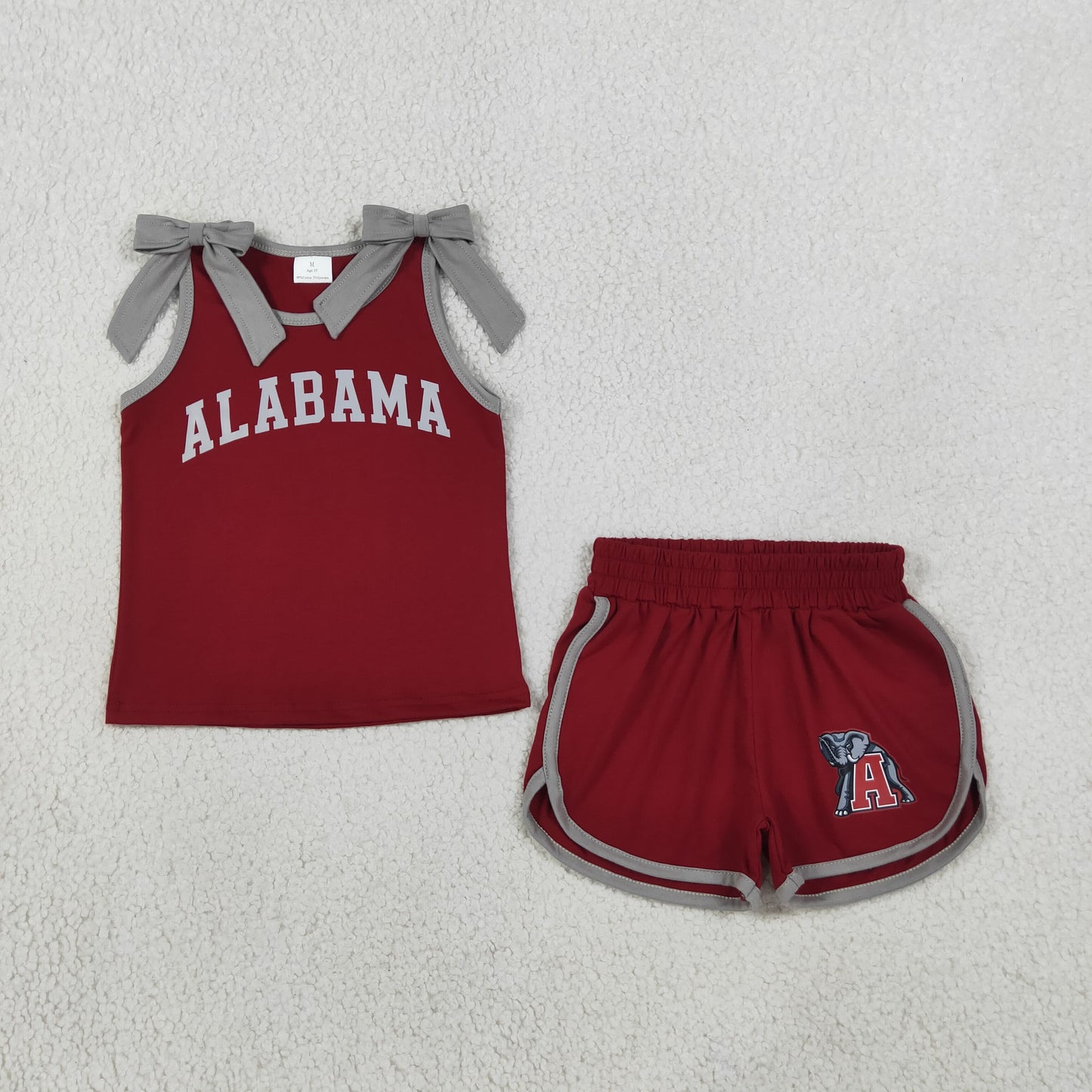 GSSO3831 Offset Printing ALABAMA Elephant Maroon & Grey Bows Sleeveless Shorts Girls Set