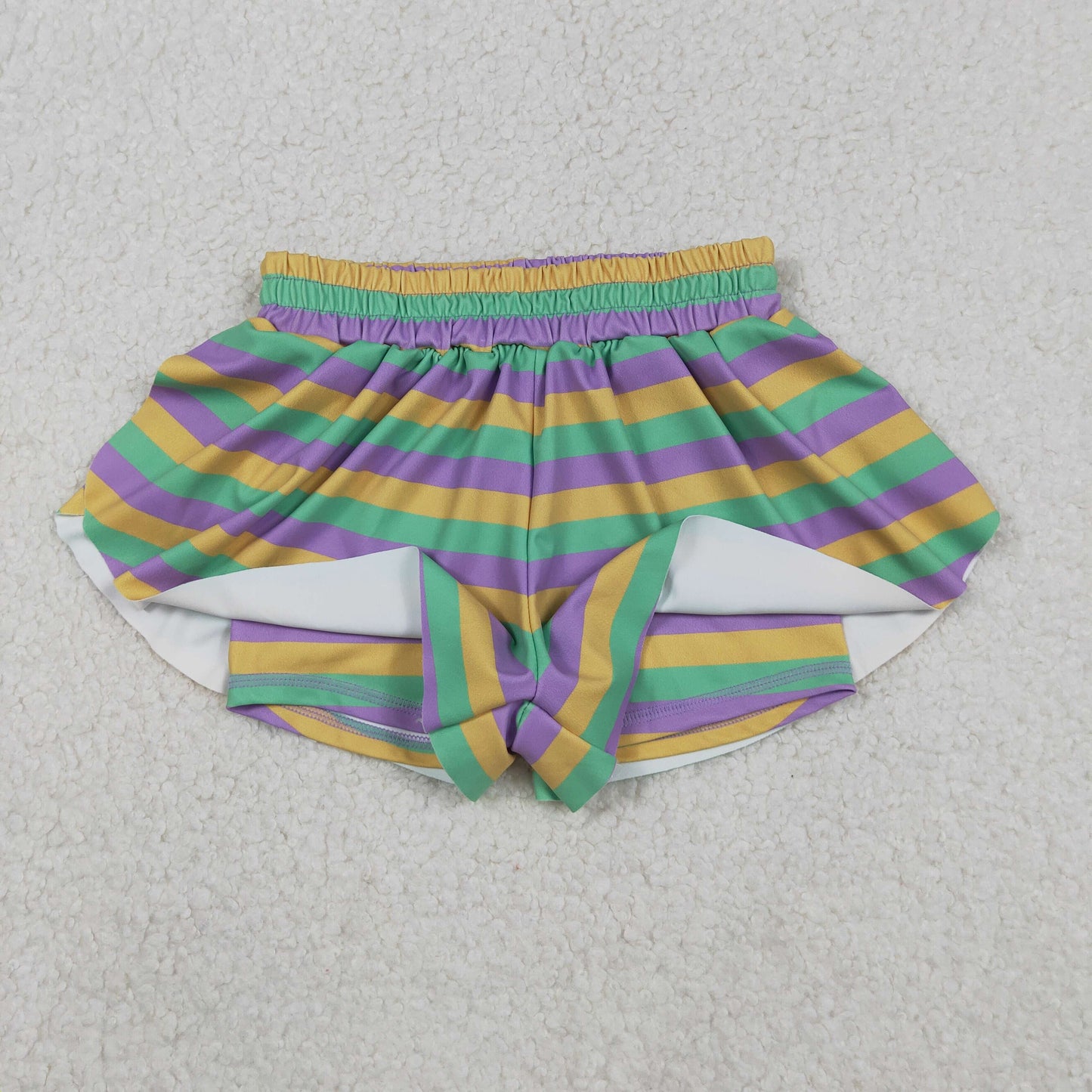 SS0685 yoga Mardi Gras purple yellow green striped girls shorts