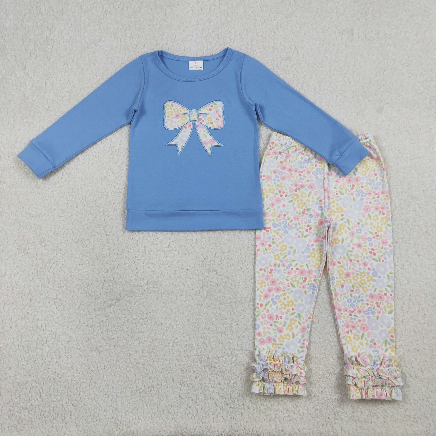 Embroidery GLP3243 Bow Blue Long Sleeve Colorful Flowers Floral Pants Girls Set