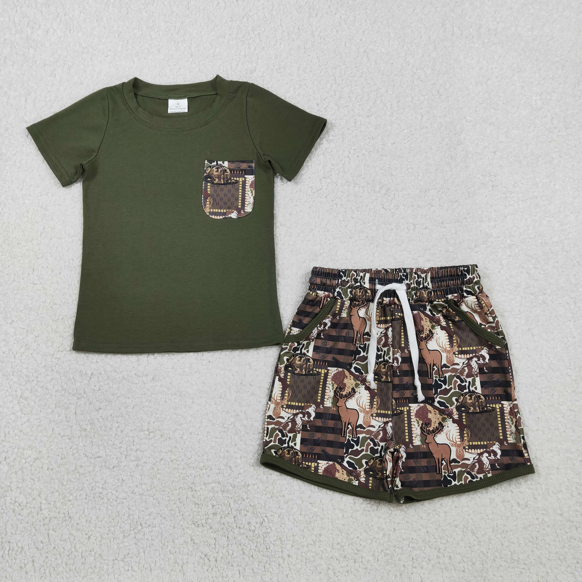BSSO1848 Hunting Camo Deer Pocket Short Sleeve Shorts Boys Set
