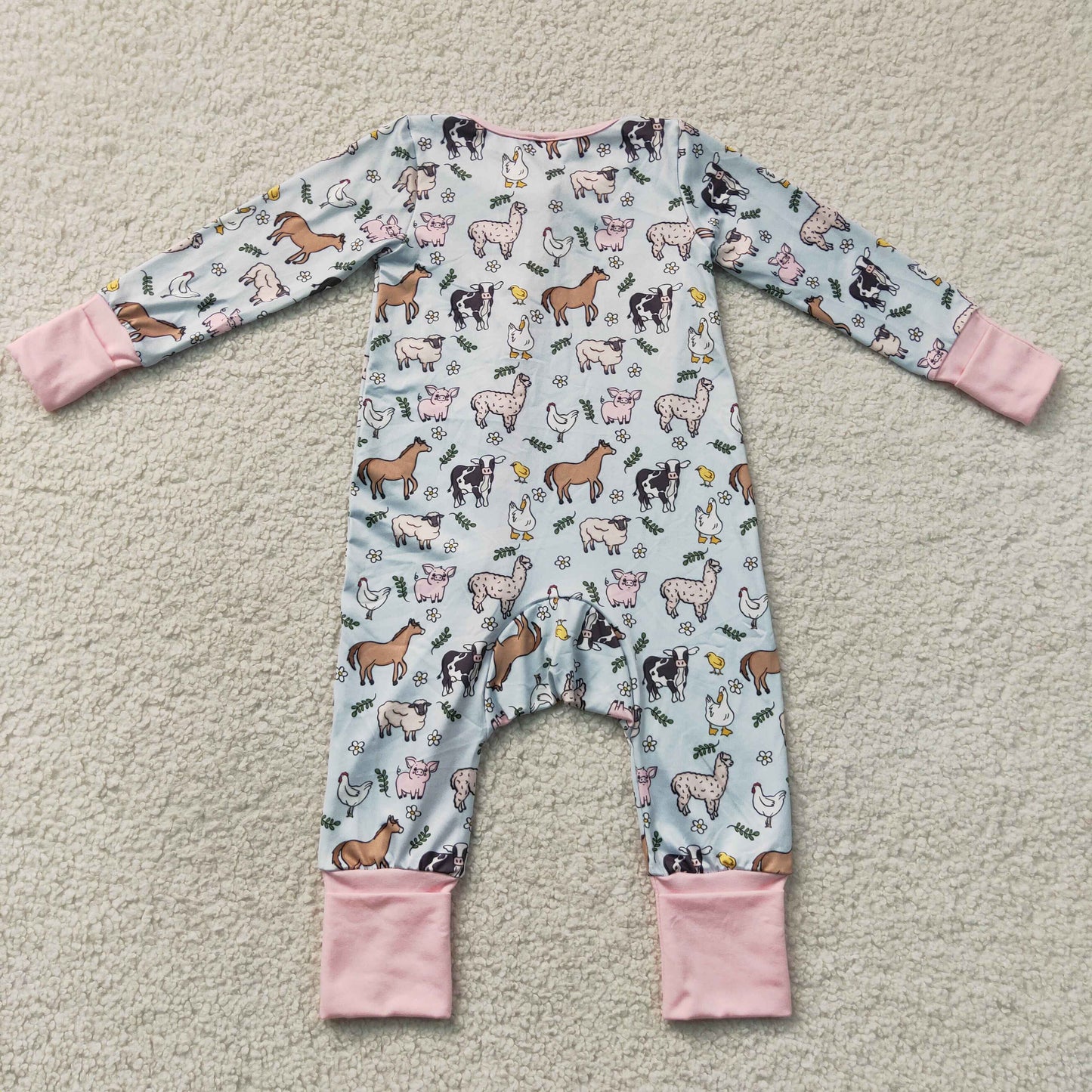 LR2401 Farm Animals Pink Zipper Long Sleeve Girls Romper