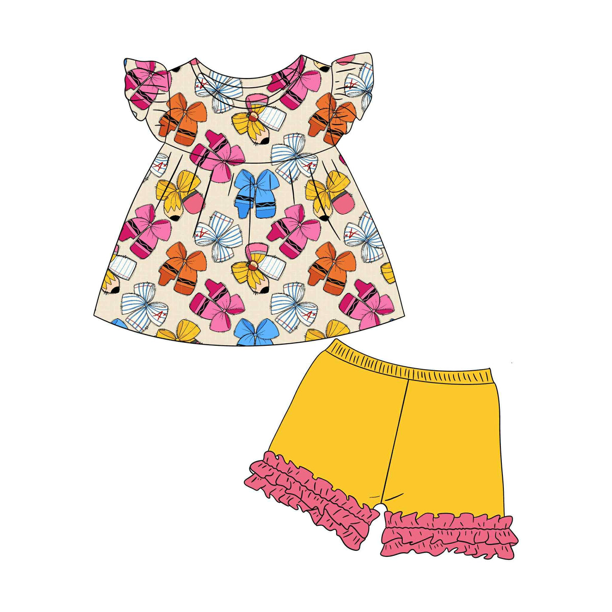 custom back to school colorful pen bows flutter sleeve yellow pink ruffles shorts girls set