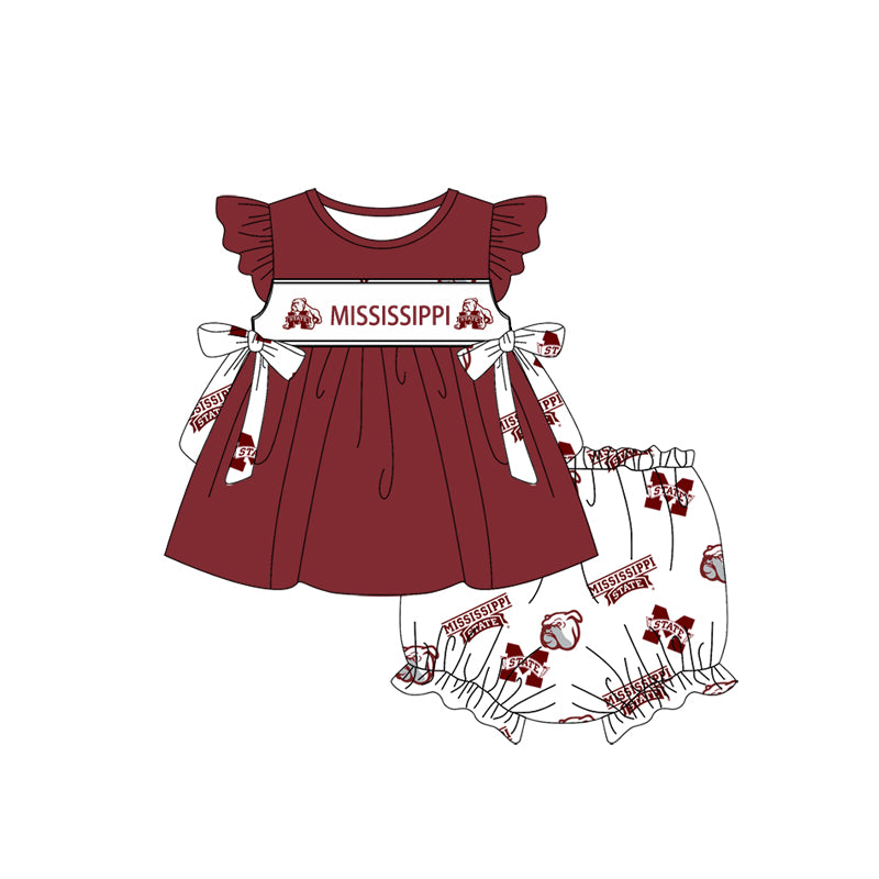 Custom Moq 3 Football Team Mississippi Maroon Flutter Sleeve Bows Girls Bummies Set