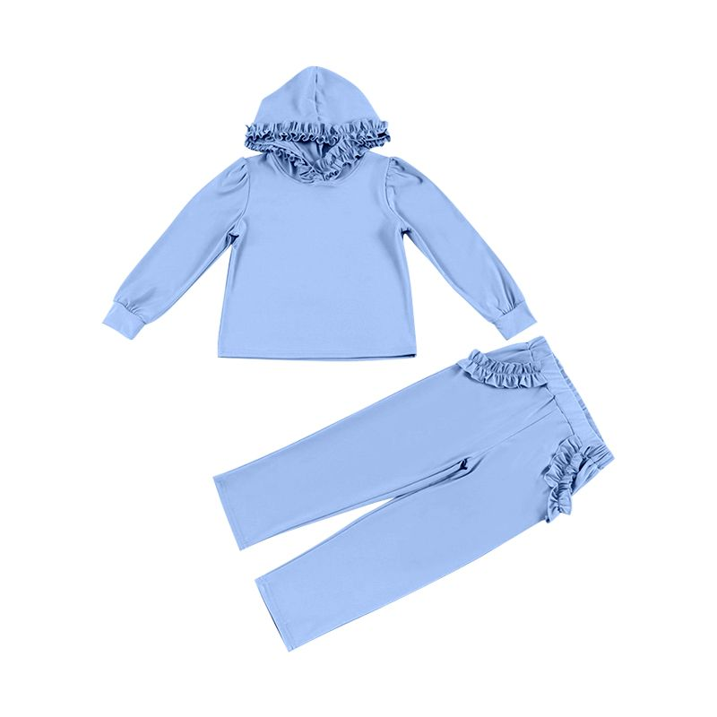 preorder GLP2308 Blue Long Sleeve Ruffles Hoodie Pockets Pants Girls Set