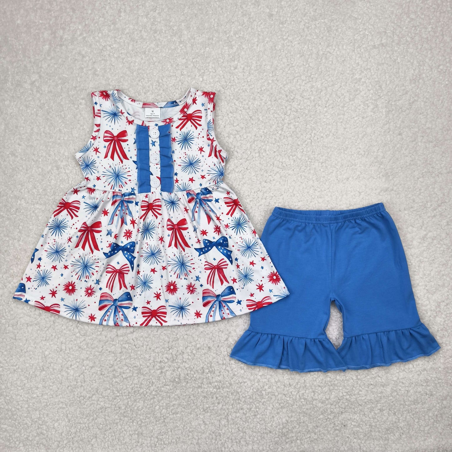 GSSO2346 July 4th red blue bows firework sleeveless blue shorts girls set