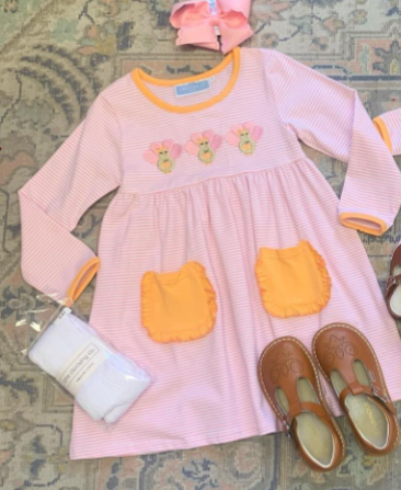 custom Thanksgiving turkey pink striped long sleeve girls dress