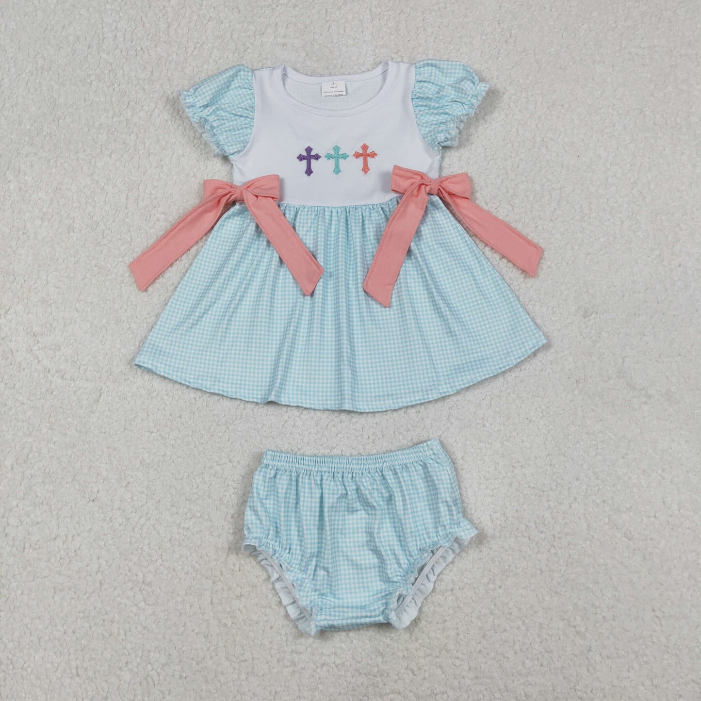 embroidery GBO0480 Easter cross blue bows short sleeve girls bummies set