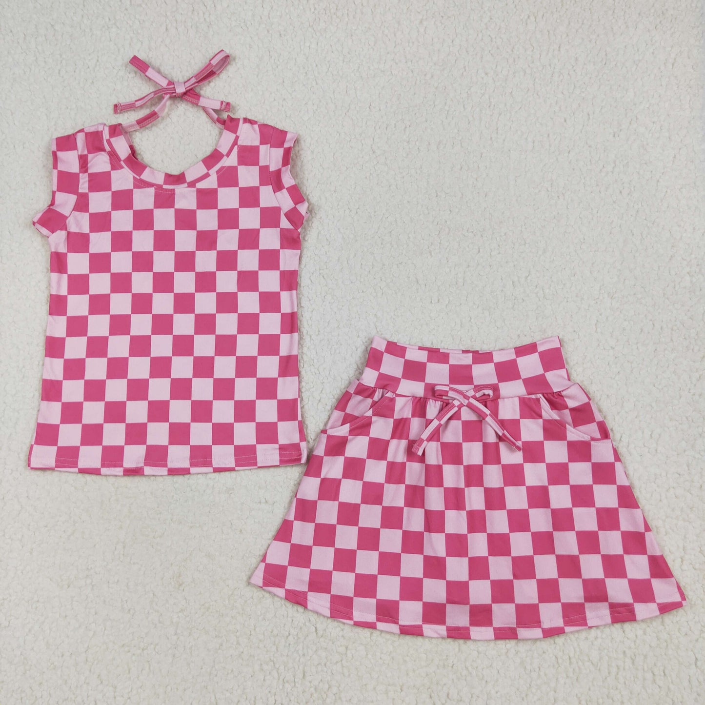 GSD2584 pink checkered sleeveless skirt with shorts girls set