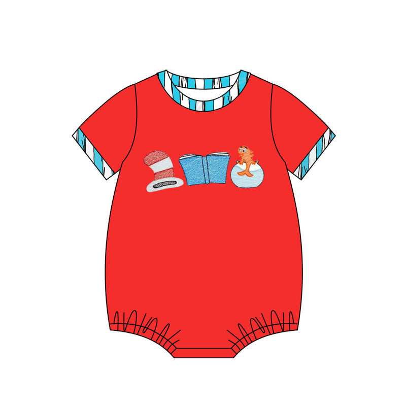 MOQ 3 Custom Cartoon Dr Book Fish Red Short Sleeve Boys Romper