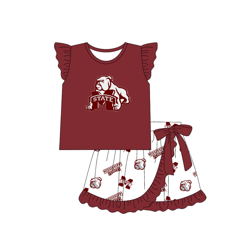 Cutom Moq 3 Football Team Mississippi Maroon Flutter Sleeve Skirt Bow Girls Set