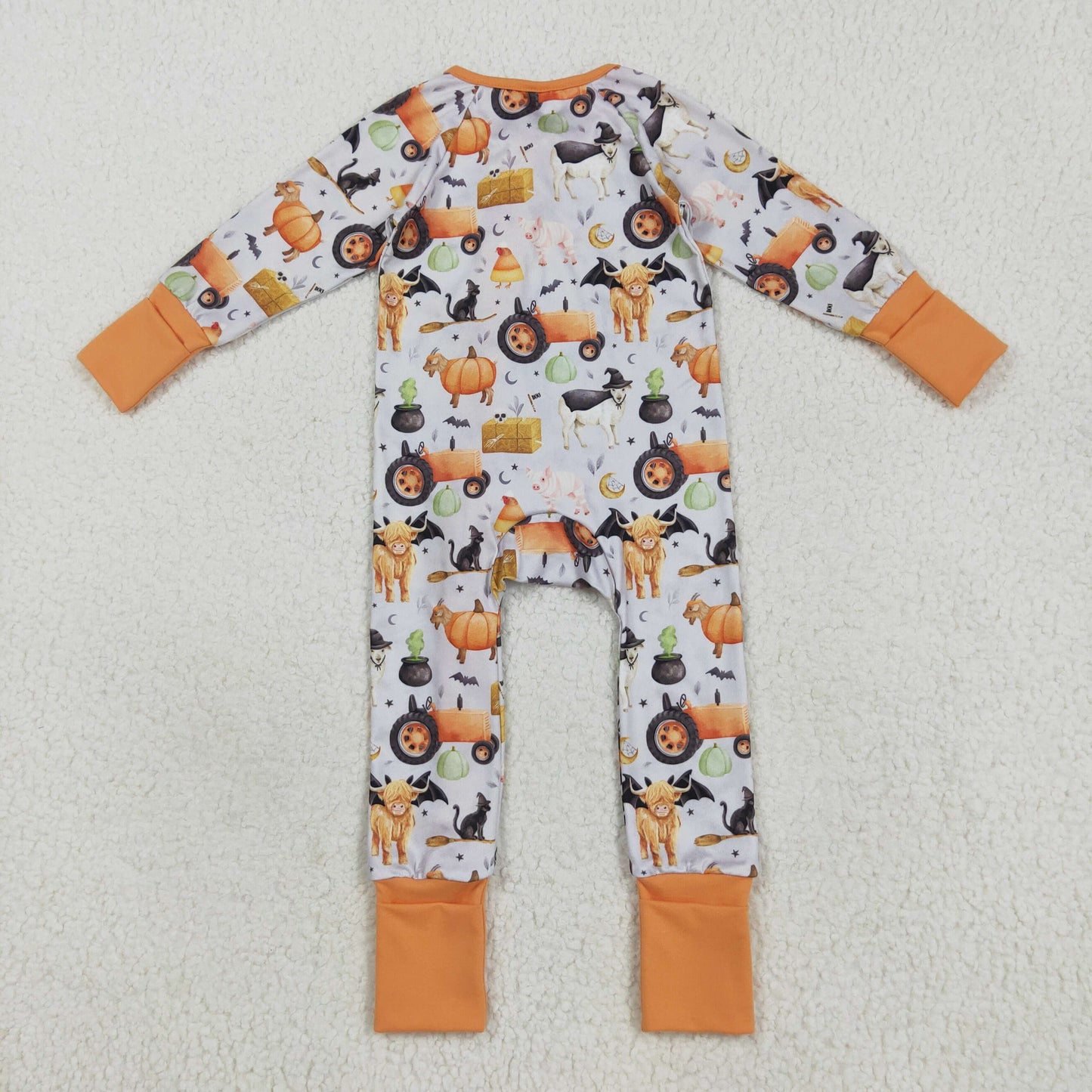 Custom moq 20 bamboo Halloween pumpkin cow tractor animals farm orange zipper long sleeve boys romper