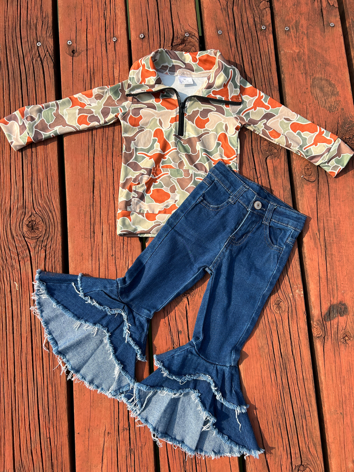 Hunting camo cow pocket zipper long sleeve blue bell bottoms jeans girls set