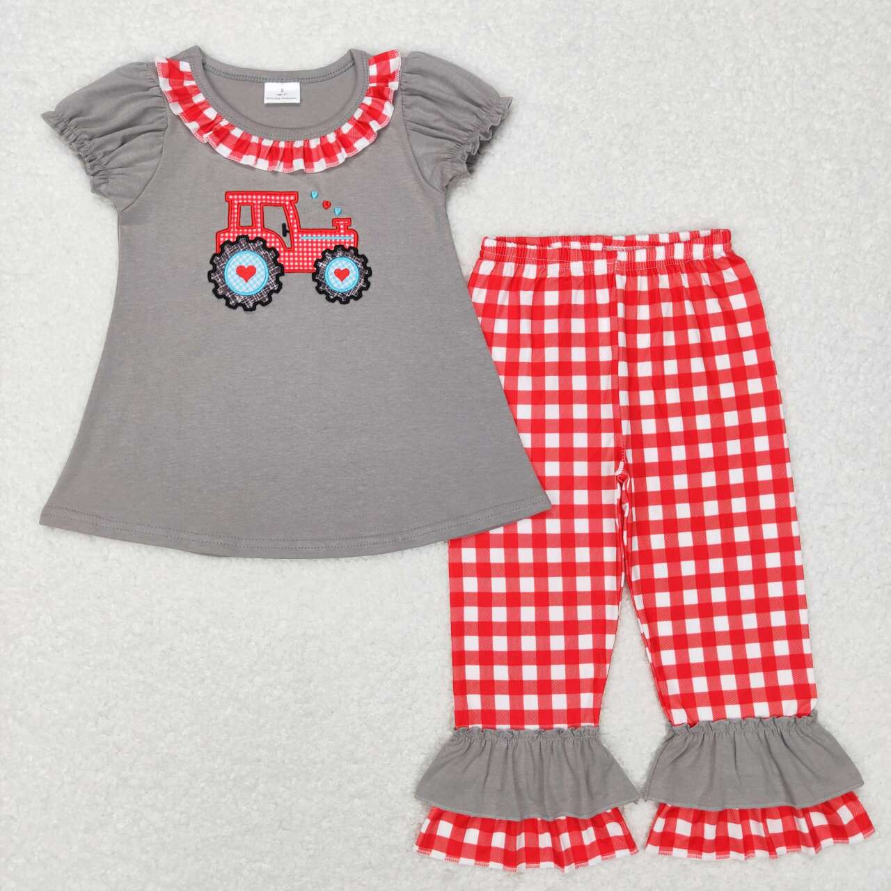 GSPO0972 Farm red tractor grey short sleeve red checkered pants girls set