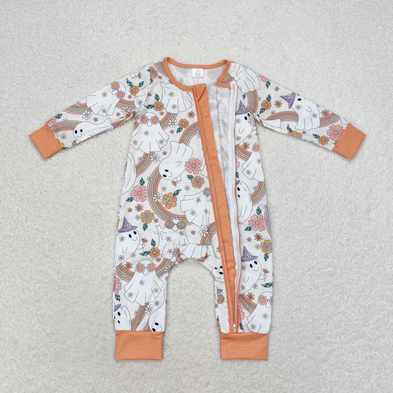 LR0980 bamboo Halloween spooky rainbow long sleeve zipper girls romper