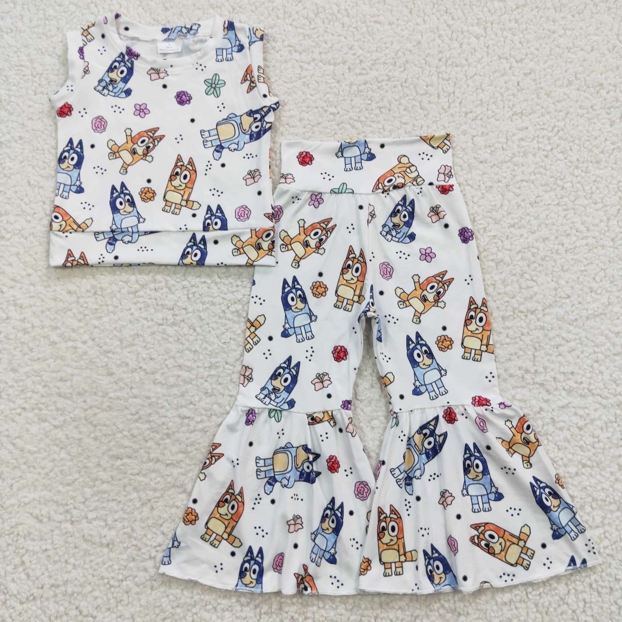 GSPO0729 Cartoon Blue White Sleeveless Bell-bottoms Pants Girls Clothes