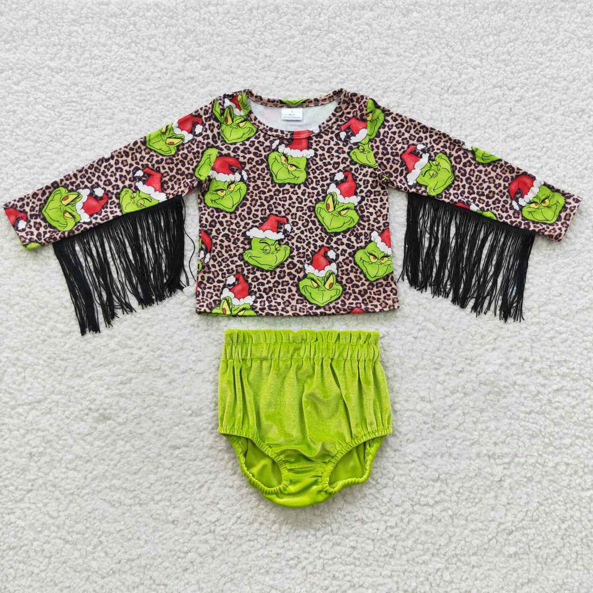 GBO0154 Christmas Green Face Leopard Tassels Long Sleeve Green Velvet Bummies Set