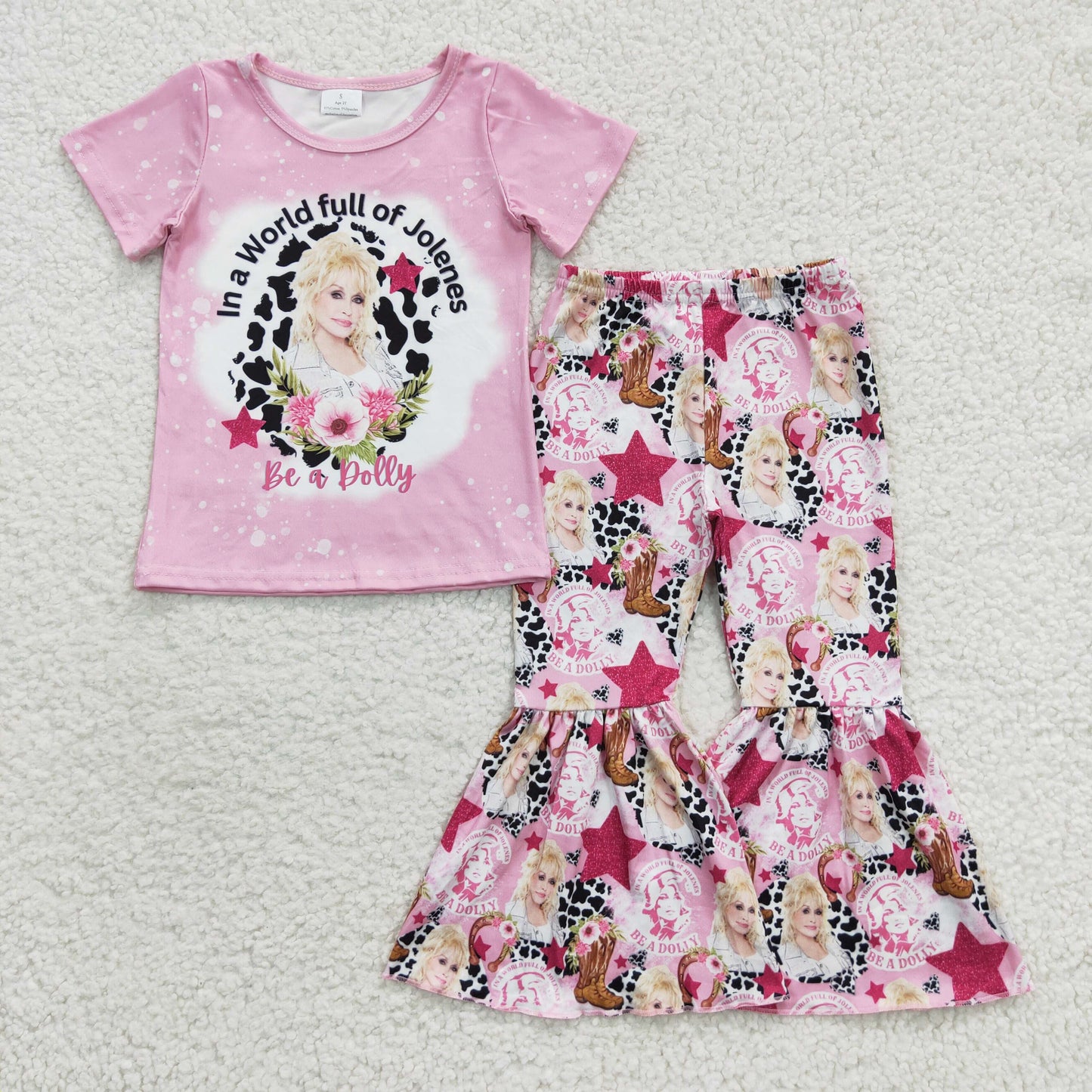 GSPO0719 Singer Pink Short Sleeves Star Pants Girls Set