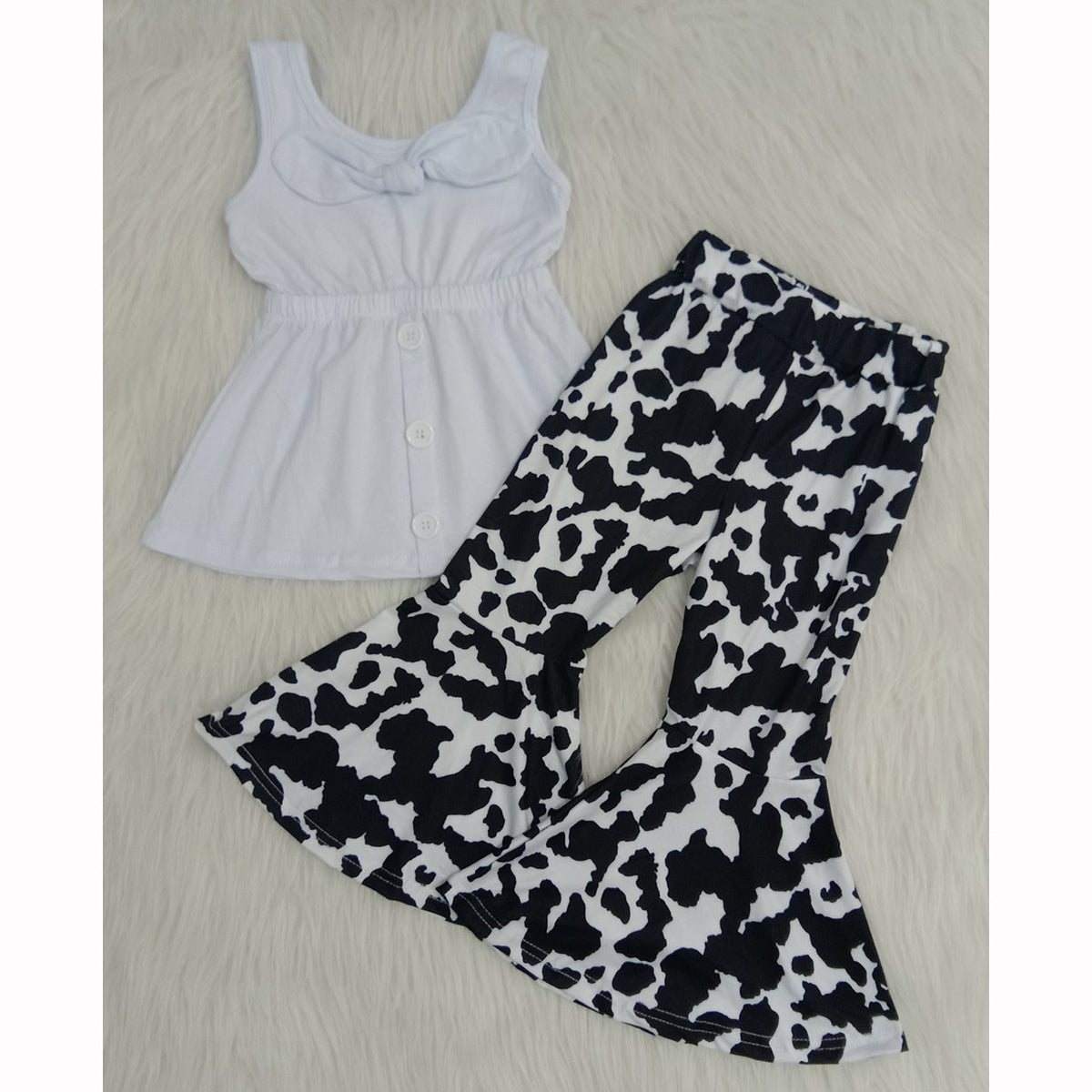A18-4 White Top Match Cow Print Bell-Pants Girls Set